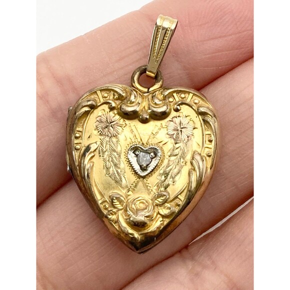 Antique 10k gold filled natural diamond Heart locket pendant